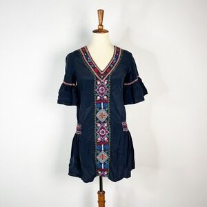 Calypso St. Barth navy blue floral embroidered 100% silk dropwaist dress Size XS